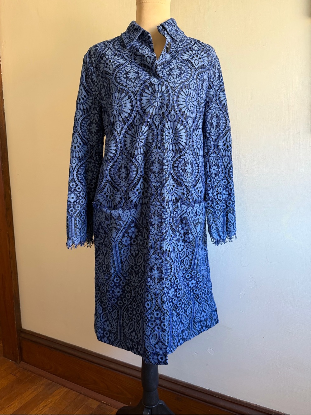 MSGM Blue Floral Lace Long Statement Coat